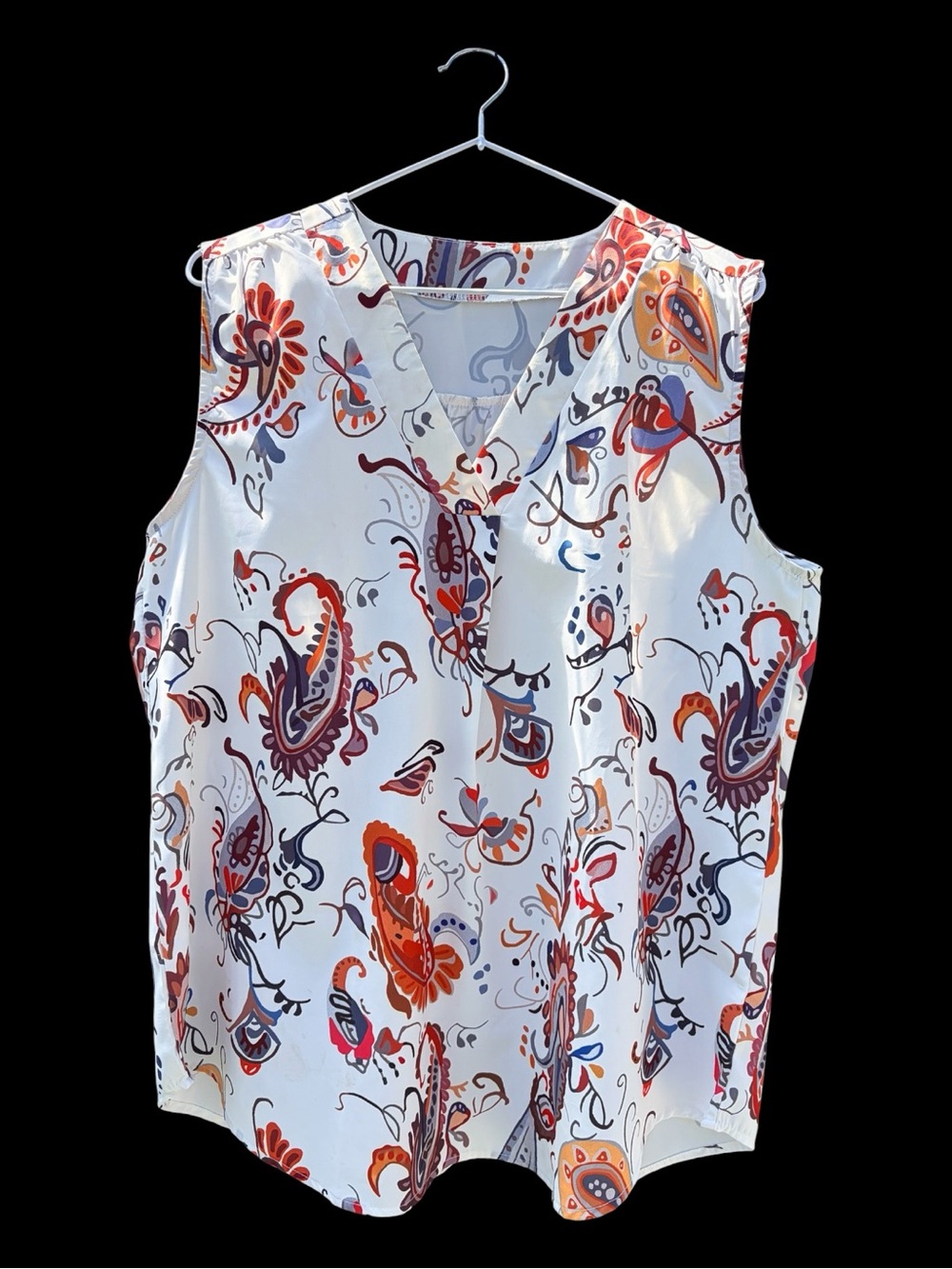 Paisley sleeveless flowy blouse, orange blue brown